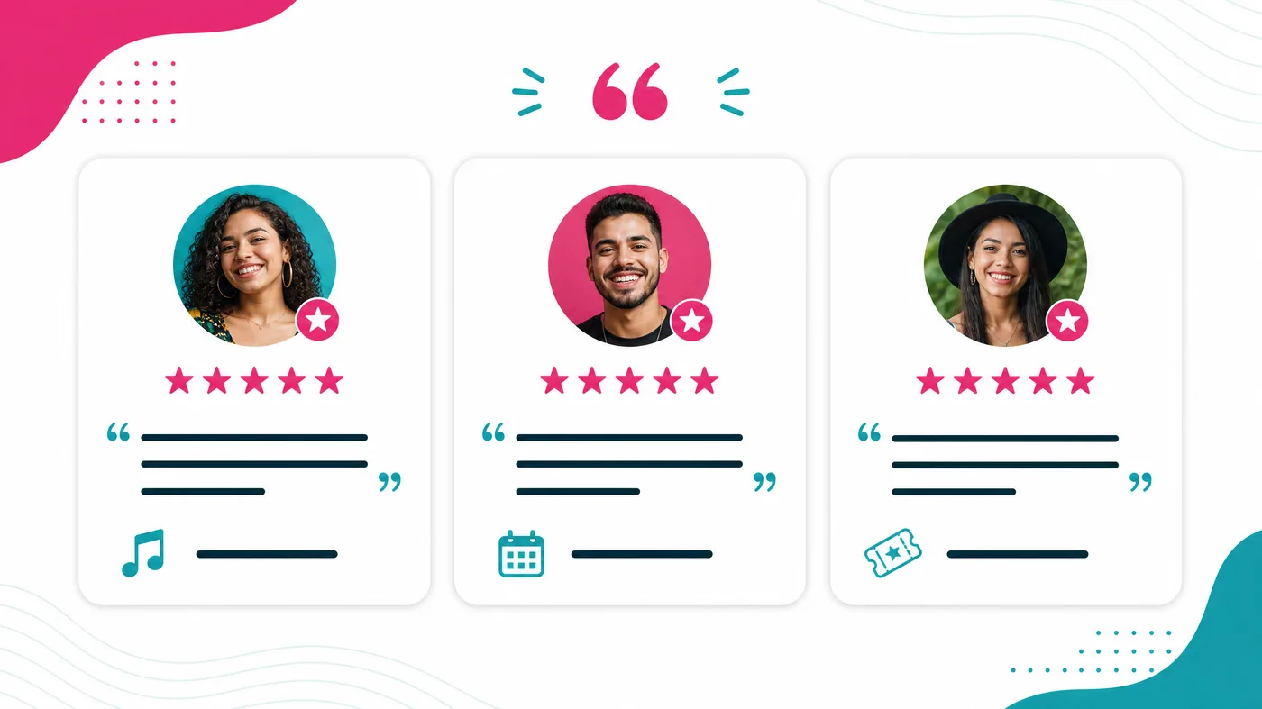 Depoimentos de artistas com nota 5 estrelas na plataforma Palco Certo