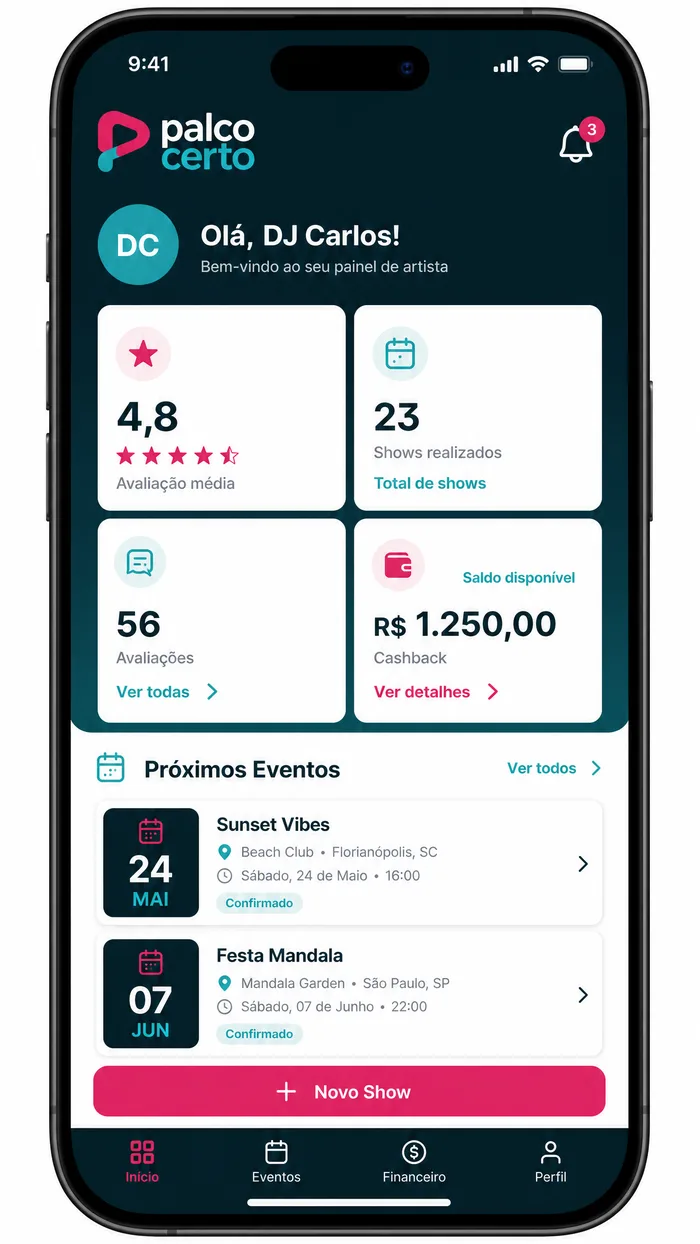 Painel do artista no app Palco Certo, com avaliação, shows realizados, saldo e próximos eventos